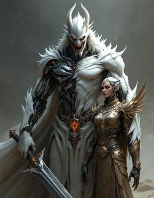 The primary subject of the image is a woman dressed in a medieval-style armor, standing next to a large, demonic-looking creature. The setting appears to be a fantasy world, with the woman and the creature as the main focus. The visual style is a combination of digital art and illustration, creating a detailed and intricate scene. The colors and mood of the image are dark and dramatic, with the woman's armor and the demonic creature's appearance contributing to the overall atmosphere.